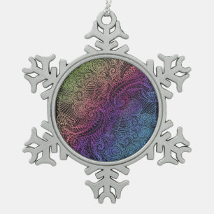 Prismatic Swirl   Rainbow Fractal Feather Art Snowflake Pewter Christmas Ornament