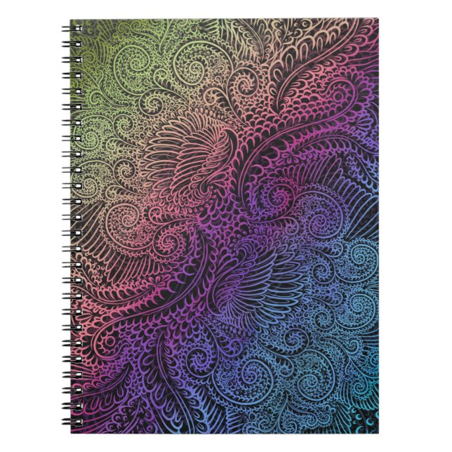 Prismatic Swirl | Rainbow Fractal Feather Art Spiral Notebook (Front)