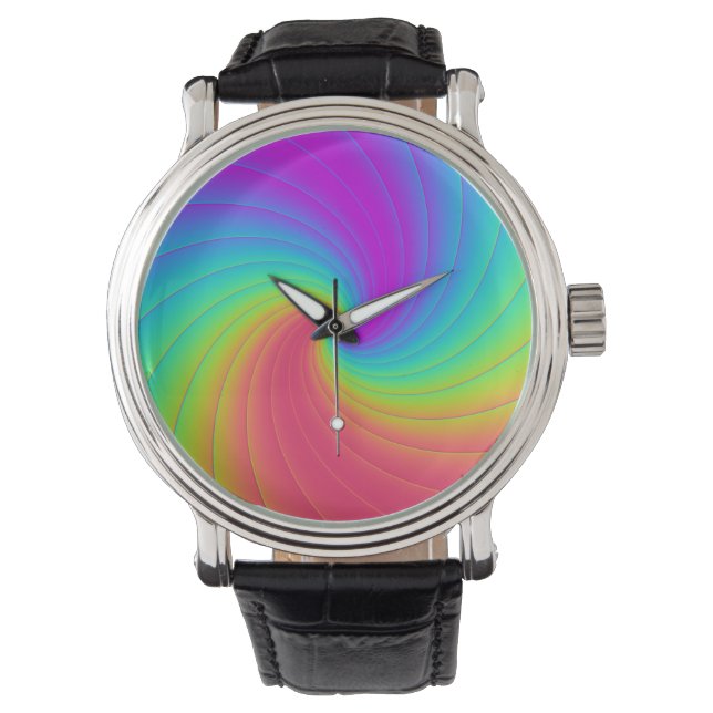 Prismatic Trippy Rainbow Spiral Whirl Swirl art Watch (Front)