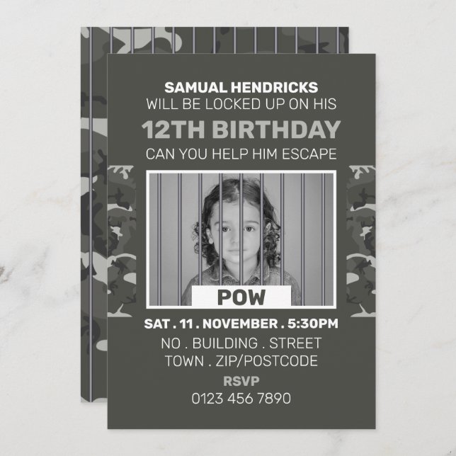Prisoner of War Themed Escape Room, Birthday Party Invitation (Front/Back)