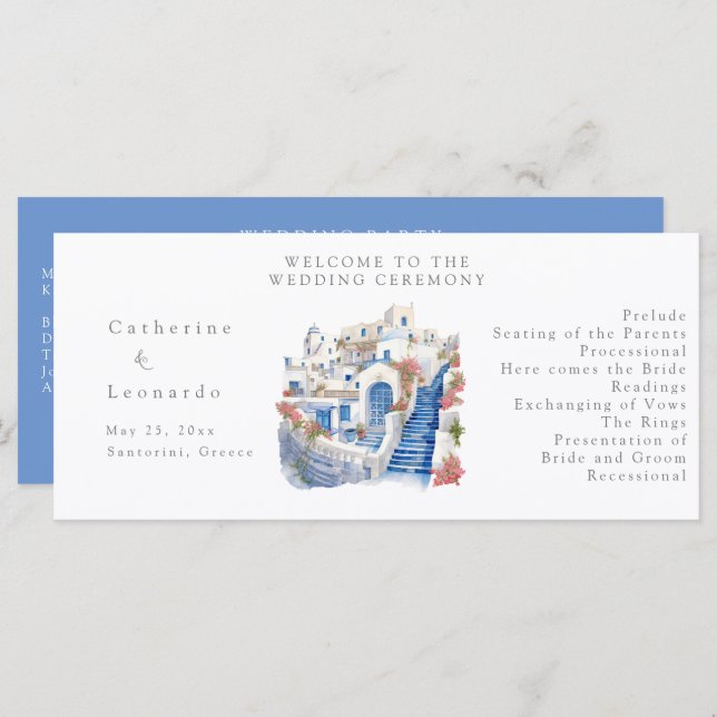 Pristine Blue and White Santorini Wedding Program (Front/Back)