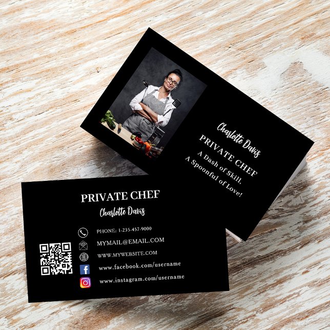 Private chef black white photo slogan QR code Business Card (Creator Uploaded)