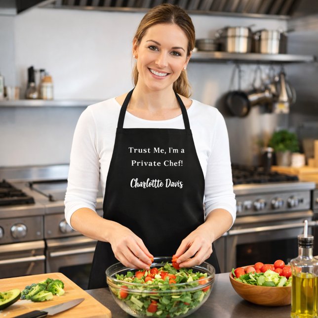 Private chef black white script slogan apron (Creator Uploaded)