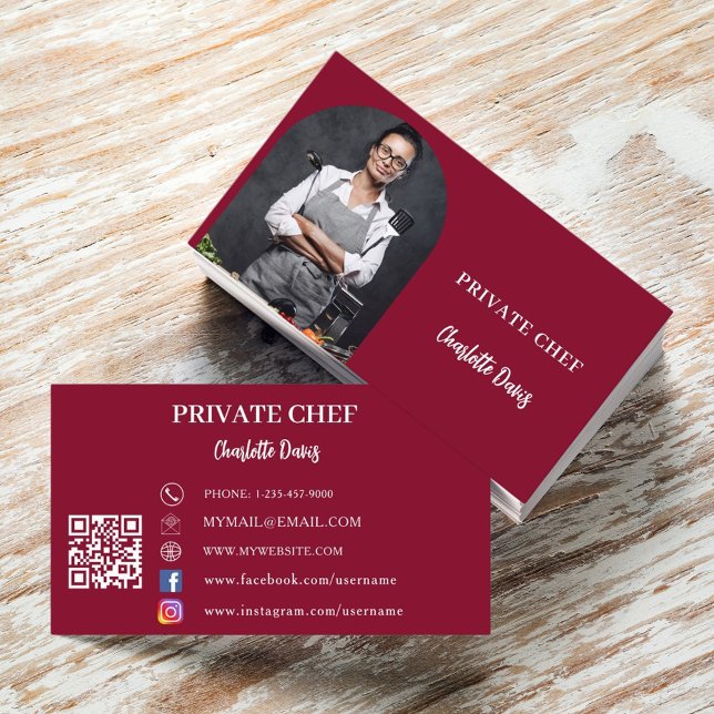 Private chef burgundy photo arch QR code Business Card (Creator Uploaded)