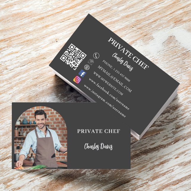 Private chef charcoal grey photo arch QR code Business Card (Creator Uploaded)