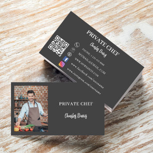 Private chef charcoal grey photo catering QR code Business Card
