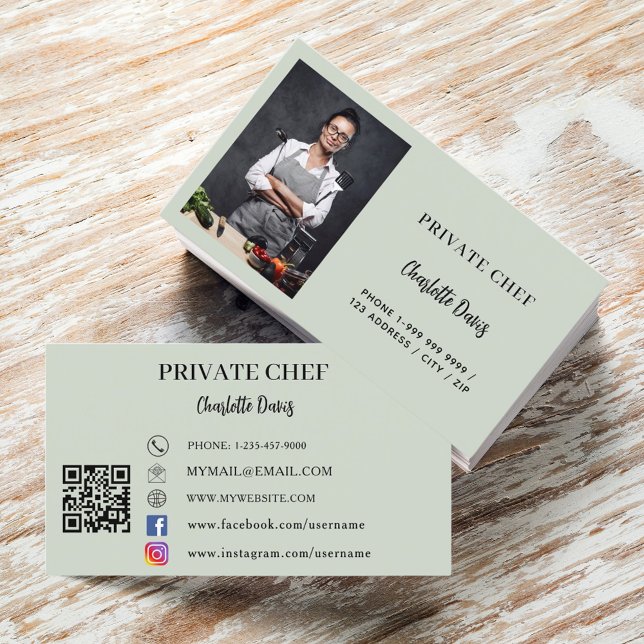 Private chef sage green photo catering QR code Business Card (Creator Uploaded)