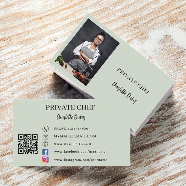Private chef sage green photo catering QR code Business Card (Creator Uploaded)