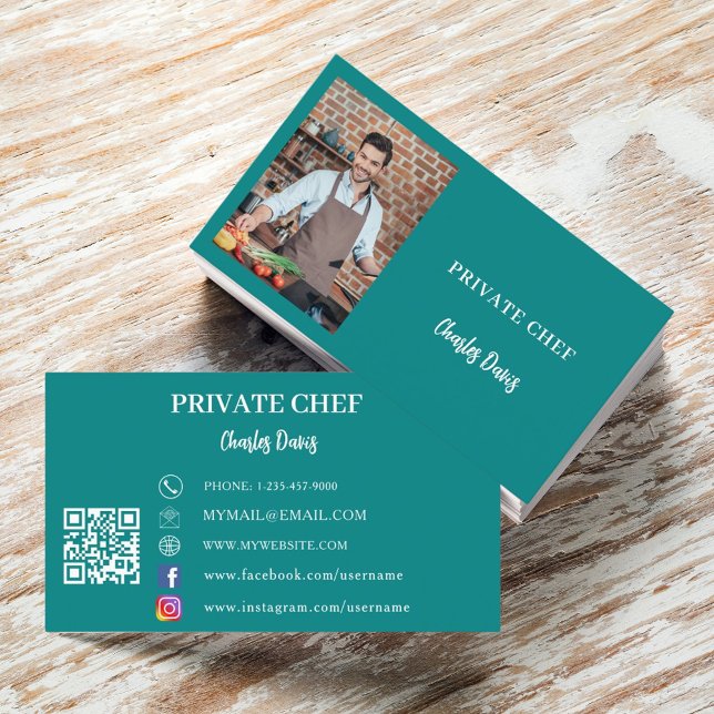 Private chef teal green photo catering QR code Business Card (Creator Uploaded)