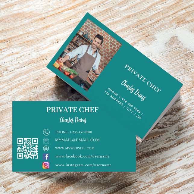 Private chef teal green photo catering QR code Business Card (Creator Uploaded)