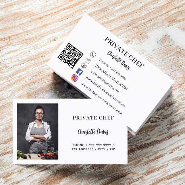 Private chef white black photo catering QR code Business Card (Creator Uploaded)