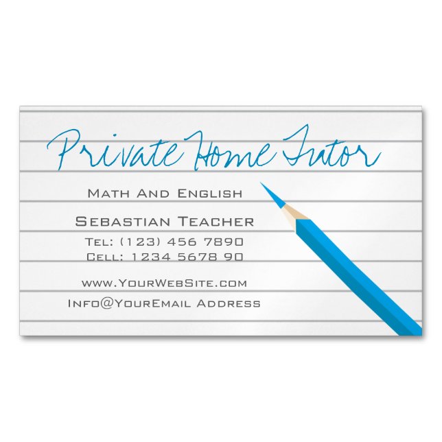 Private Home Tutor Blue Pencil And Lined Paper Magnetic Business Card (Front)