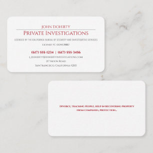 Private Investigations Detective Professional Bu Business Card