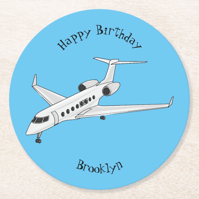 Private jet cartoon illustration round paper coaster (Front)