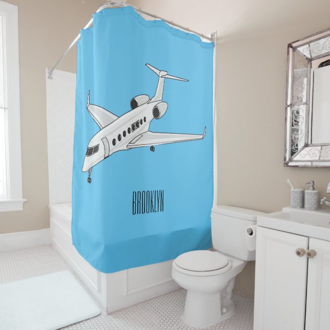 Private jet cartoon illustration shower curtain (In Situ)