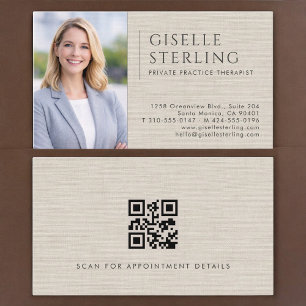 Private Practice Therapist Linen Photo QR Code Business Card
