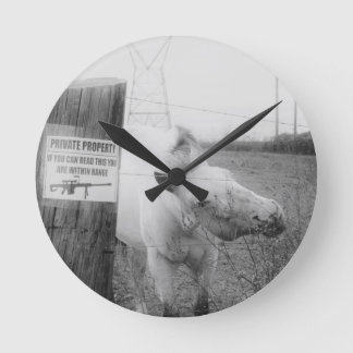 Private Property horse black & white Round Clock