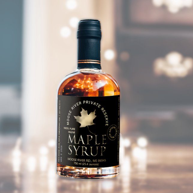 Private Reserve Maple Syrup Black with Gold Leaf Liquor Bottle Label (Creator Uploaded)