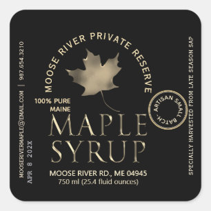 Private Reserve Maple Syrup Black with Gold Leaf Square Sticker