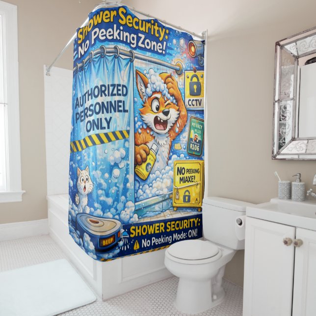 Private Shower Time | Funny Bathroom Humor Cartoon Curtain (In Situ)