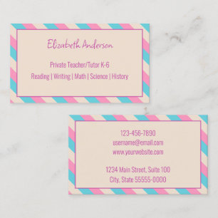 Private Teacher/Tutor Pink Beige and Blue Striped Business Card