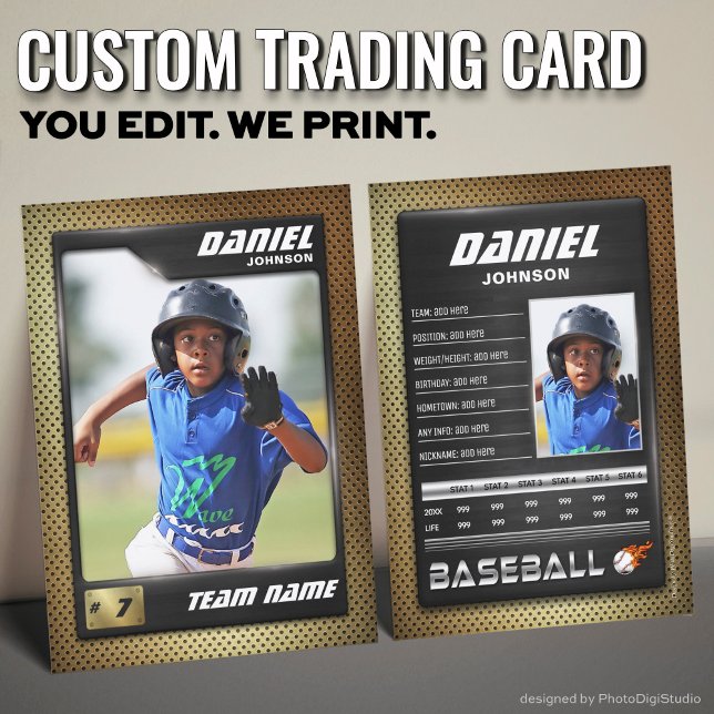 PRO Baseball Card with Stats Player Trading Card  (Custom Baseball Trading Card, Gold Black PRO Stats Player Card)