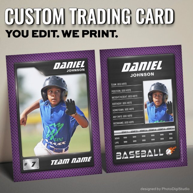 PRO Baseball Card with Stats Player Trading Card  (Custom Baseball Trading Card, Purple PRO Stats Player Card)