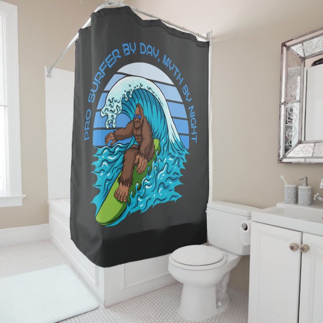 Pro By Day, Myth By Night Surfing Bigfoot Black Shower Curtain (In Situ)