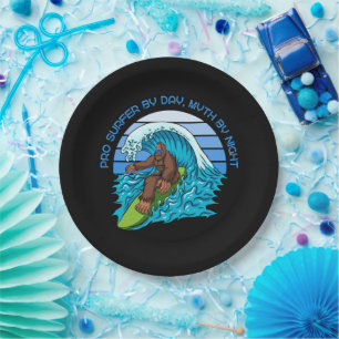 Pro By Day, Myth By Night Surfing Bigfoot Paper Plate