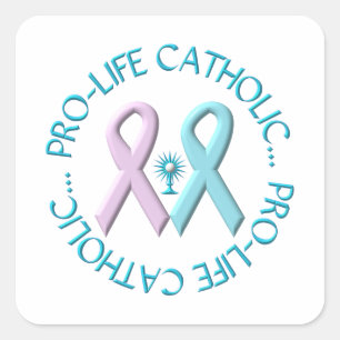 Pro-Life Catholic w/Monstrance & Pink/Blue Ribbons Square Sticker