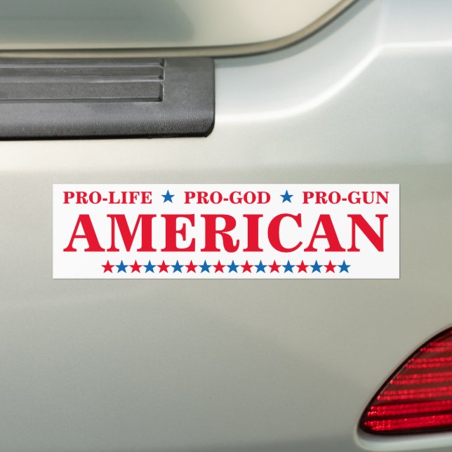 Pro Life God Gun American Red Blue Stars White Car Bumper Sticker (On Car)