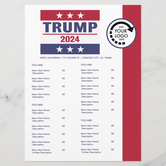 Pro Trump 2024 Logo Restaurant Take Out Menu (Front)