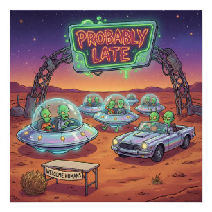 Probably Late – Funny Alien UFO Waiting Sci-Fi Car Poster