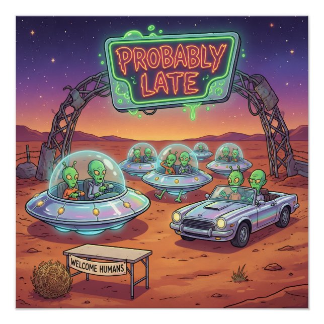 Probably Late – Funny Alien UFO Waiting Sci-Fi Car Poster (Front)