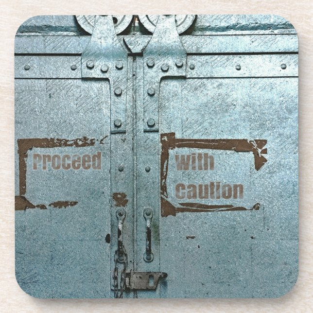 Proceed with caution blue grey industrial door coaster (Front)