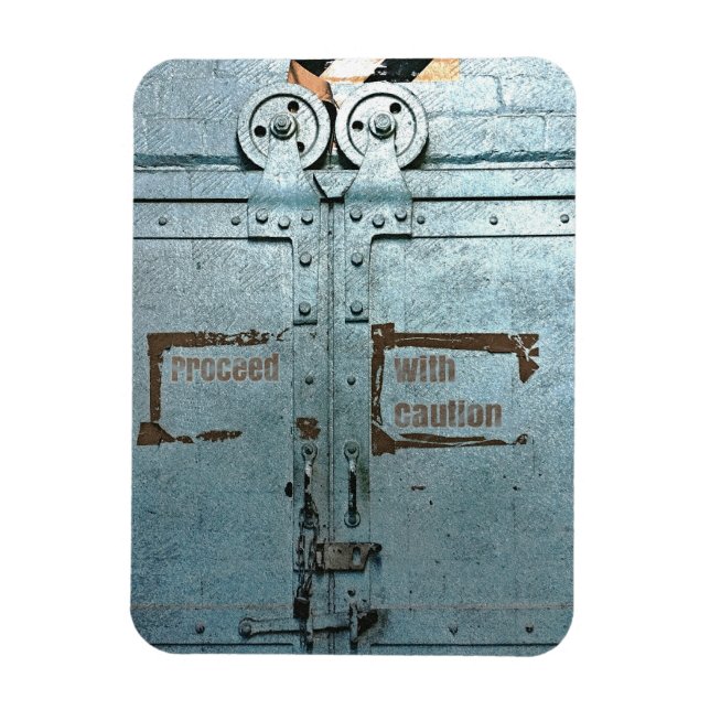 Proceed with caution blue grey industrial door magnet (Vertical)