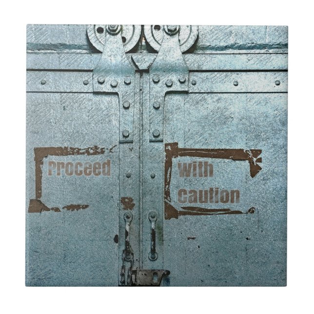 Proceed with caution blue grey industrial door tile (Front)