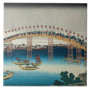 Procession over a Bridge (colour woodblock print) Tile
