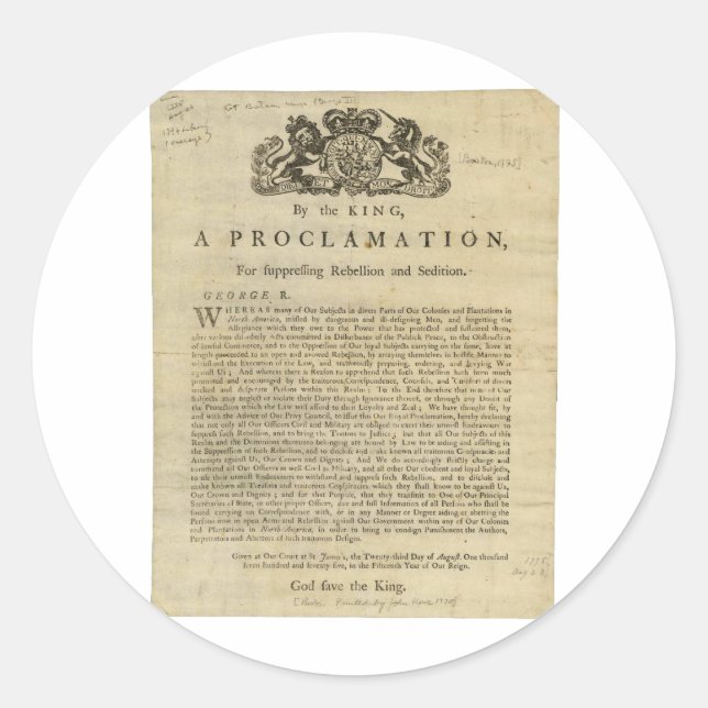 Proclamation by the King for Suppressing Rebellion Classic Round Sticker (Front)