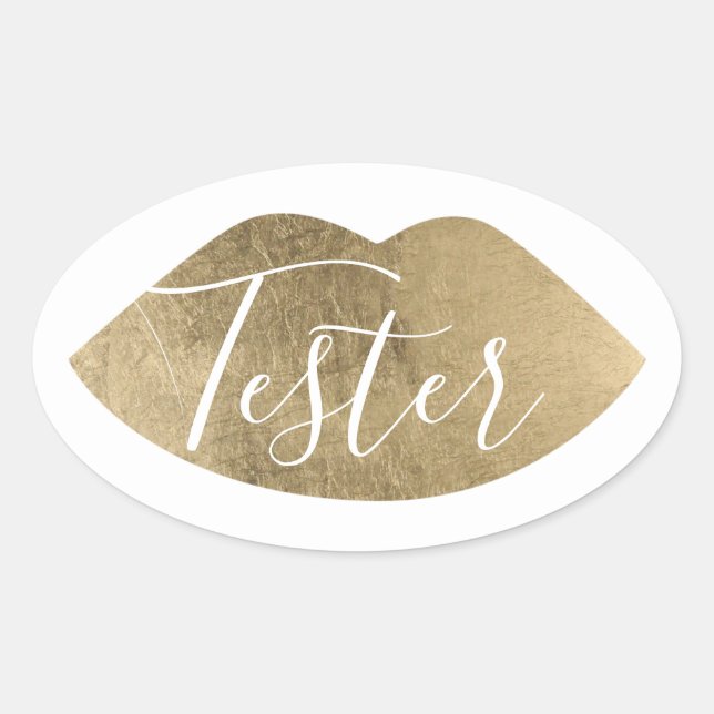 Product Tester Sample Try Me Modern Gold Lips Oval Sticker (Front)
