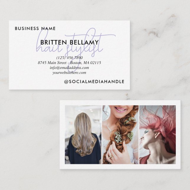 Profession in Purple Script Add Photos Business Card (Front/Back)