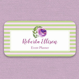 Profession Purple Watercolor Rose Floral Stripes Name Tag