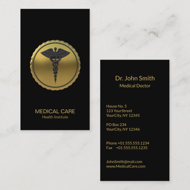 Professional 3D Gold Caduceus Medical Emblem Business Card (Front/Back)