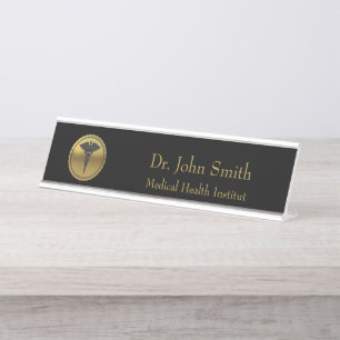 Professional 3D Gold Medical Caduceus Emblem Desk Name Plate