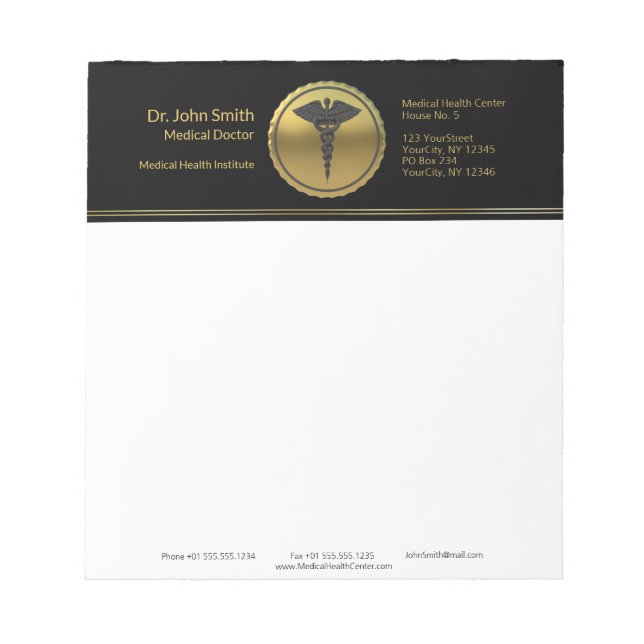 Professional 3D Gold Medical Caduceus Emblem Notepad (Front)