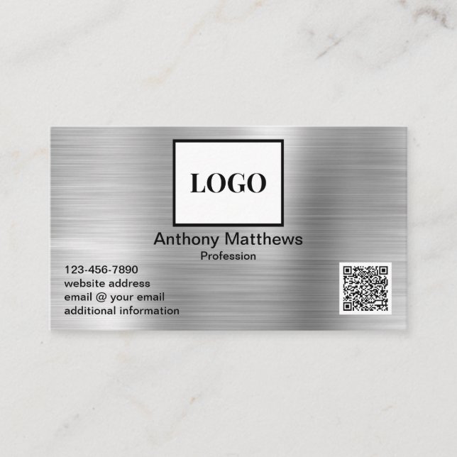Professional Add Logo QR Code Faux Brushed Metal Business Card (Front)