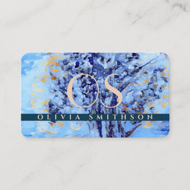 Professional Artistic Tree Monogrammed QR Business Card (Front)