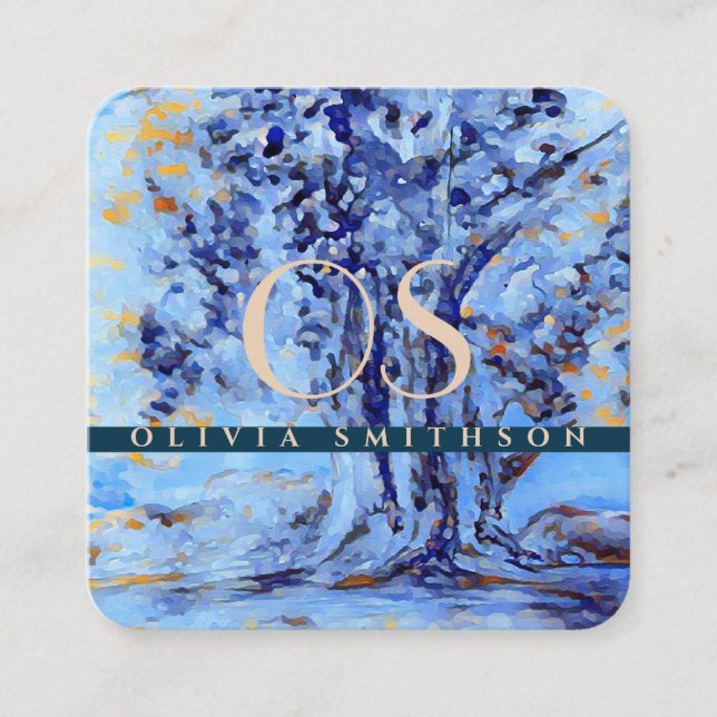 Professional Artistic Tree Monogrammed QR Square Business Card (Front)