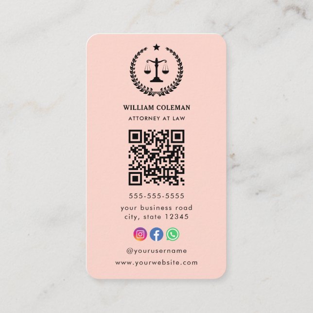 Professional Attorney Lawyer Justice Scale Qr Code Business Card (Back)