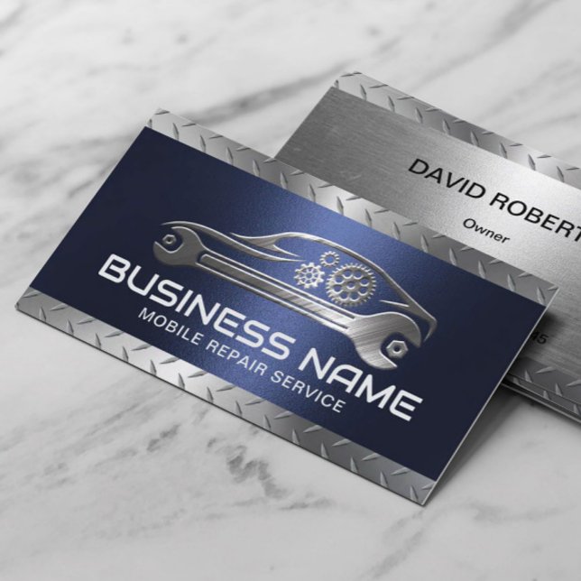 Professional Auto Repair Blue Metal Automotive Business Card (Creator Uploaded)